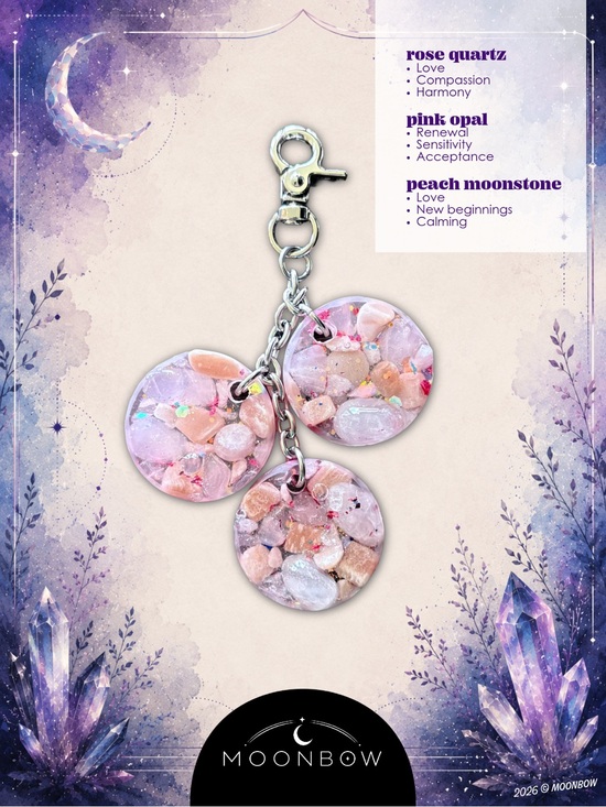 Hand Crafted Handbags - Moonbow Handcrafted Charm ft. Rose Quartz, Pink Opal + Peach Moonstone